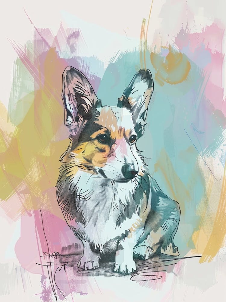 Corgi Dog Pastel Line Watercolour Illustration  2