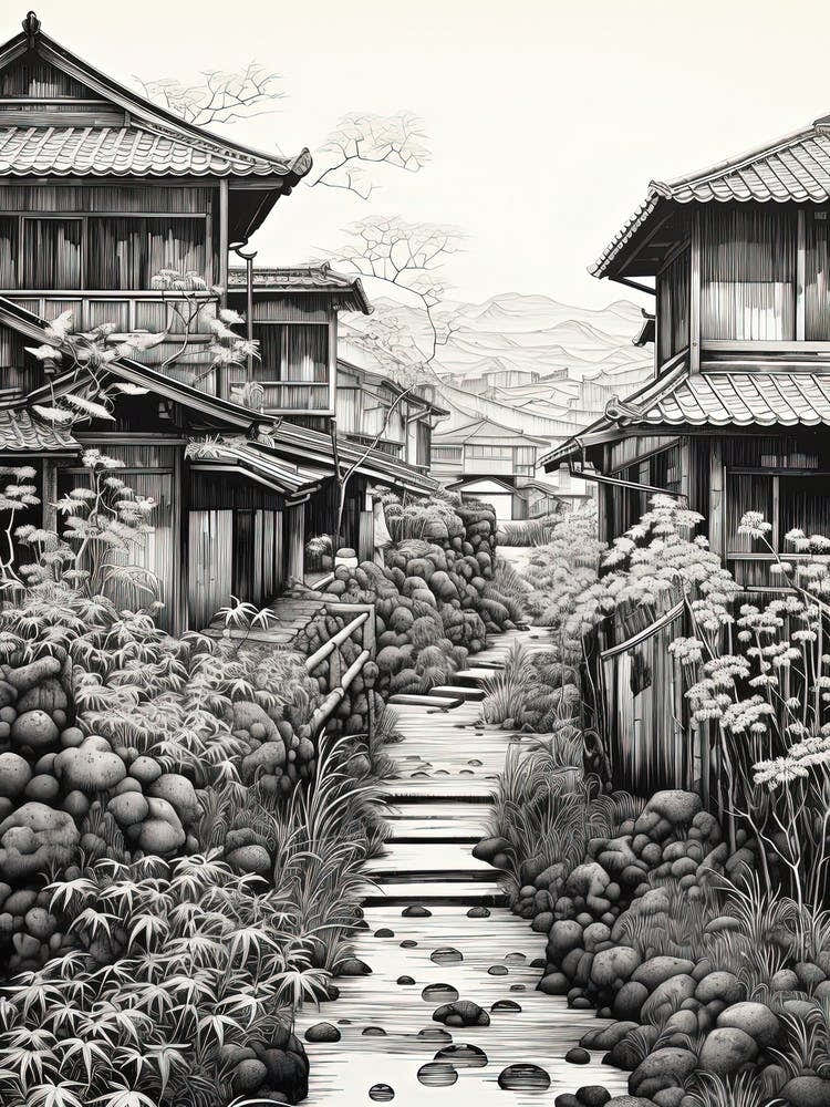 Yufuin In Oita, Ukiyo E Black And White Line Art Drawing 3