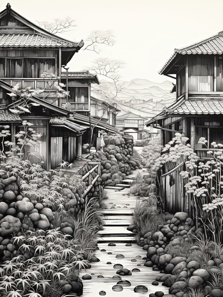 Yufuin In Oita, Ukiyo E Black And White Line Art Drawing 3