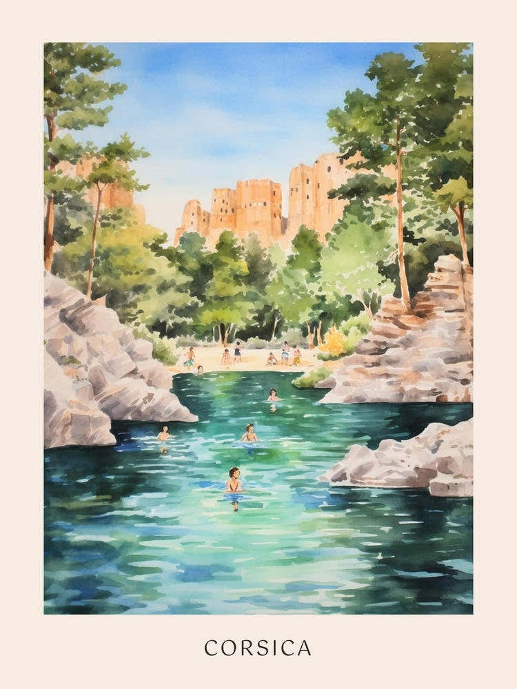 Swimming In Corsica France 4 Watercolour Poster