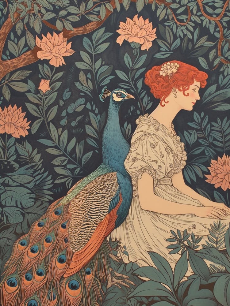 Floral Peacock With Red Haired Woman Vintage Wallpaper Inspired 1