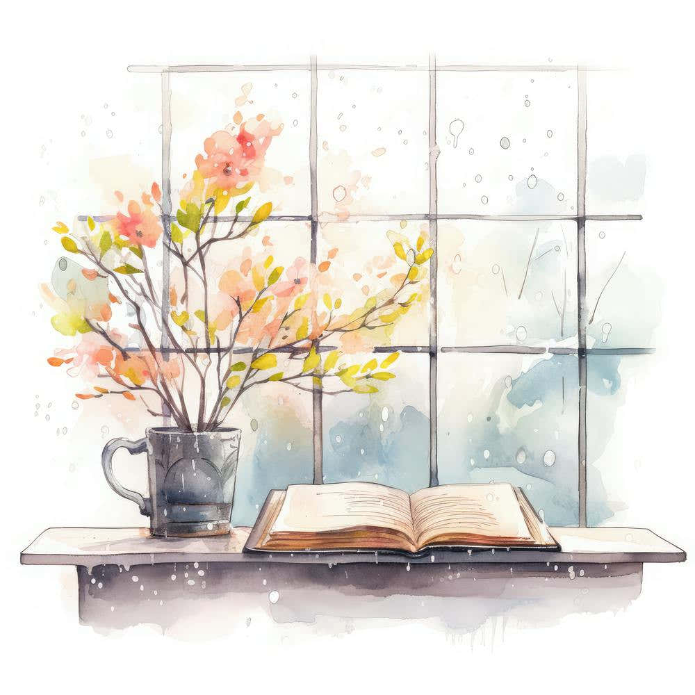 Watercolor Window Sill With Book And Flowers
