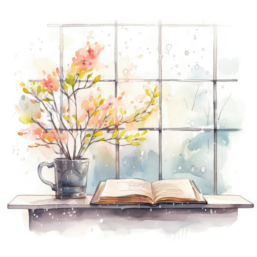 Watercolor Window Sill With Book And Flowers
