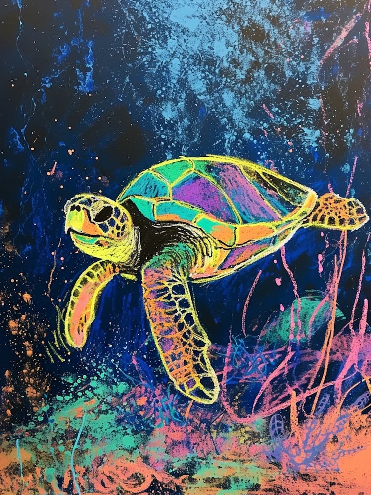 Colourful Sea Turtle Exploring Deep Into The Ocean Crayon Doodle 4