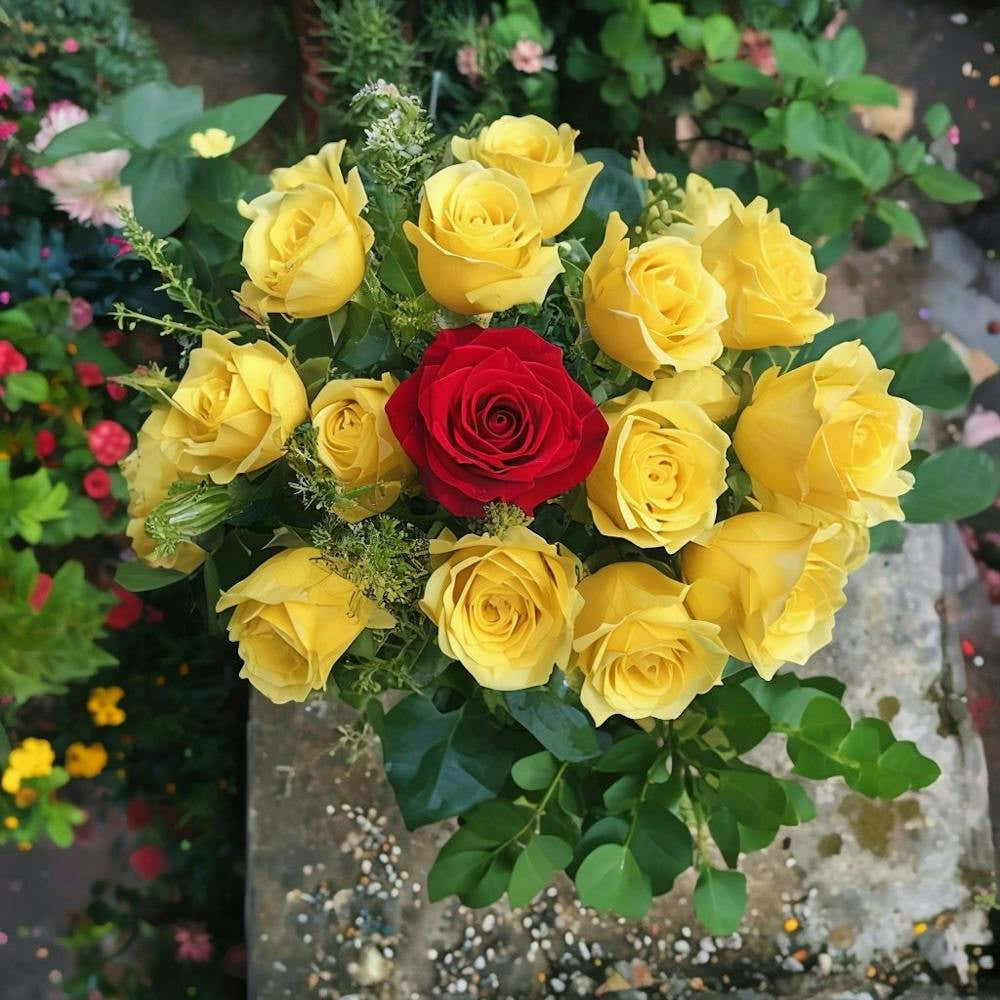 Top Down View Of Vibrant Yellow And Red Rose Bouquet 1