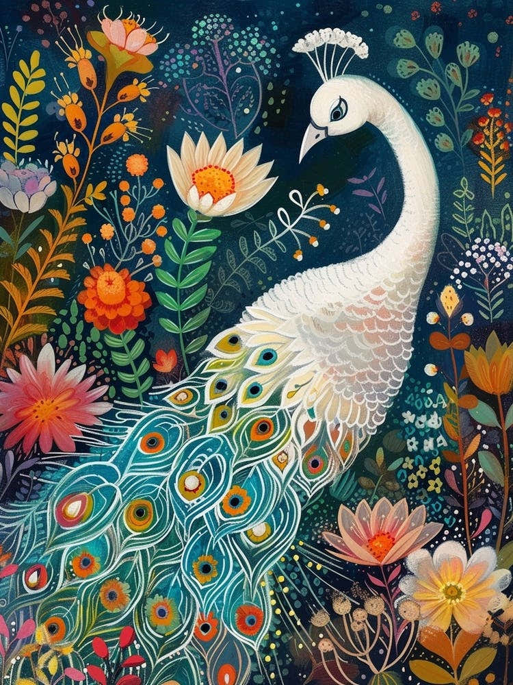 White Floral Folky Peacock 4