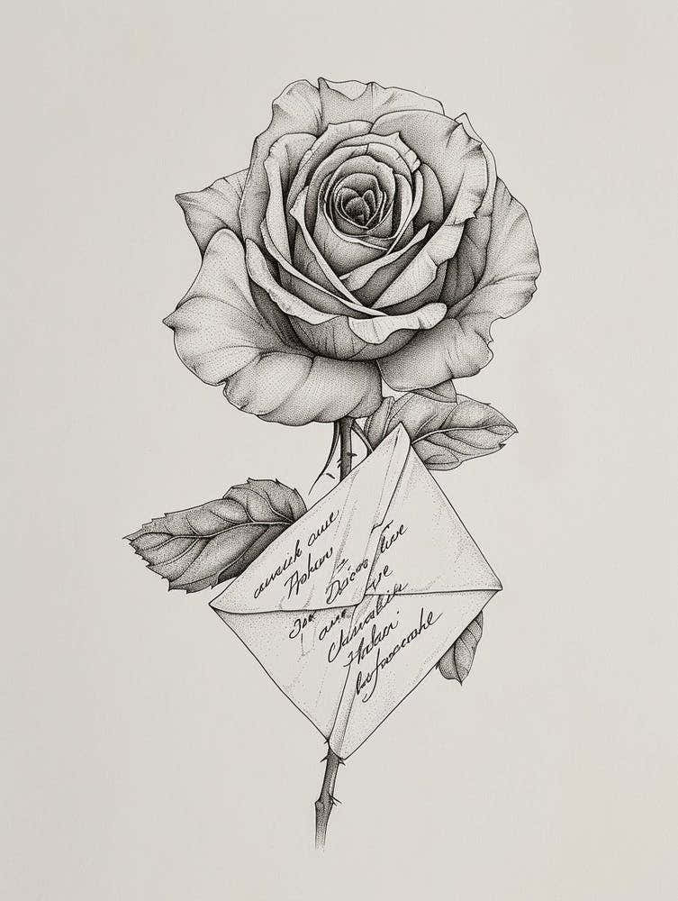 English Rose Love Letter Line Drawing 3