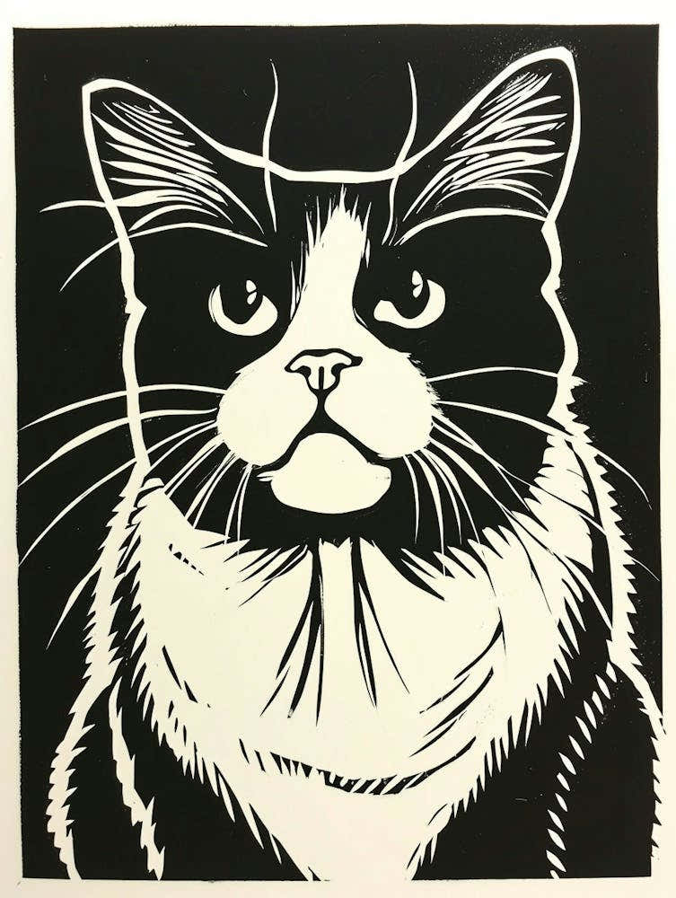 Ragdoll Cat Linocut Blockprint 2