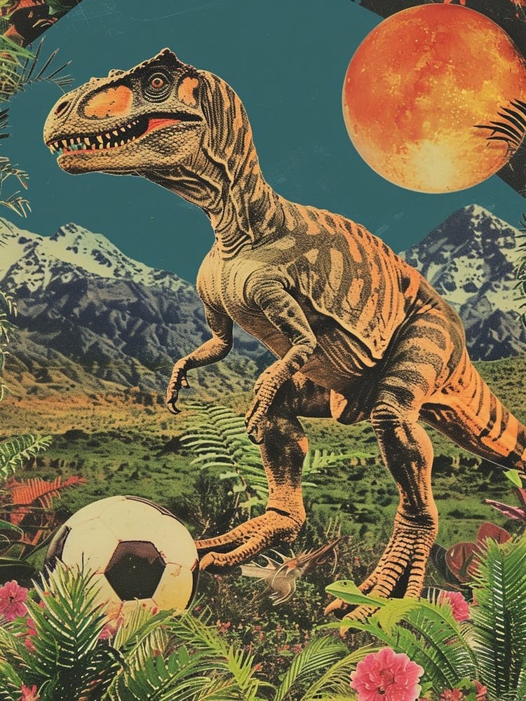 Dinosaur Playing Football Abstract Retro Collage 3