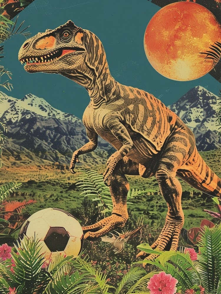 Dinosaur Playing Football Abstract Retro Collage 3