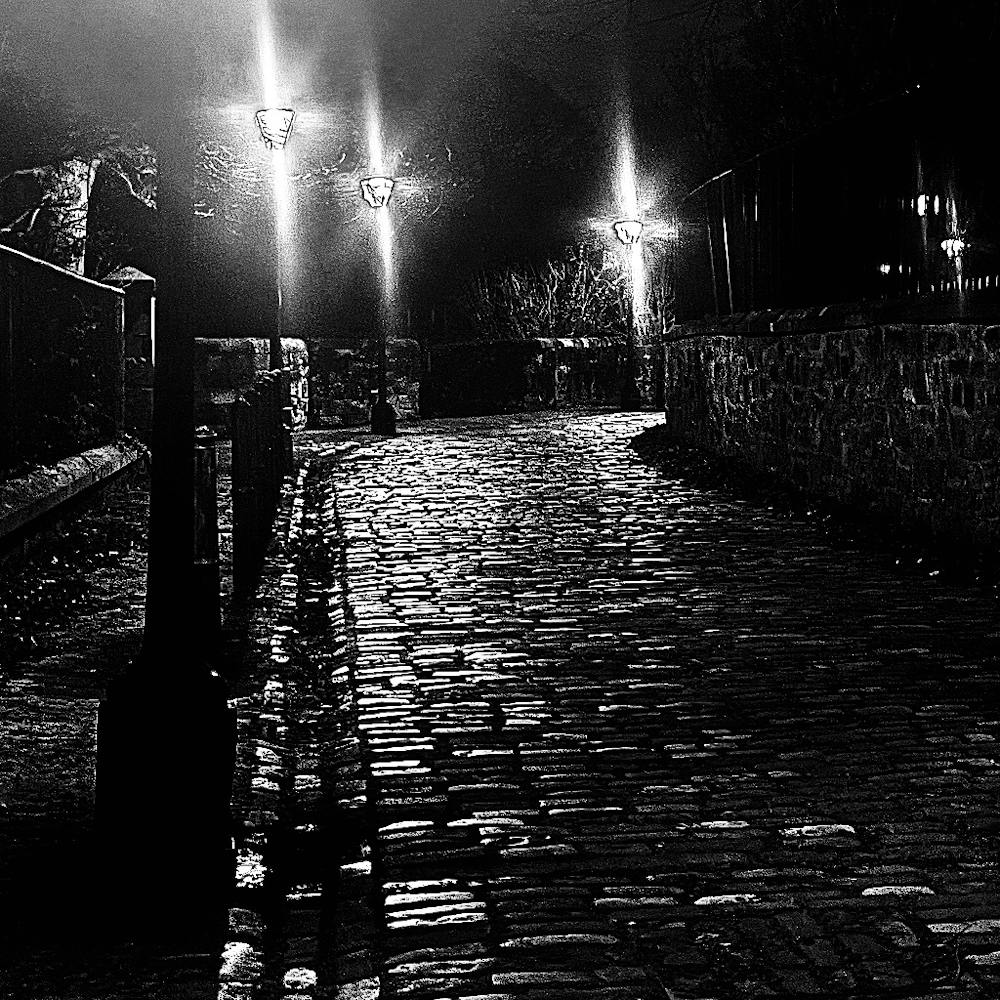 Black And White Cobble Street Scene