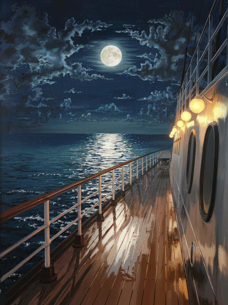 Anime Canvas Art: Moonlit Ship Deck with Calm Ocean Reflections, Perfect for Lofi Aesthetic and Serene Night Scene Lovers.