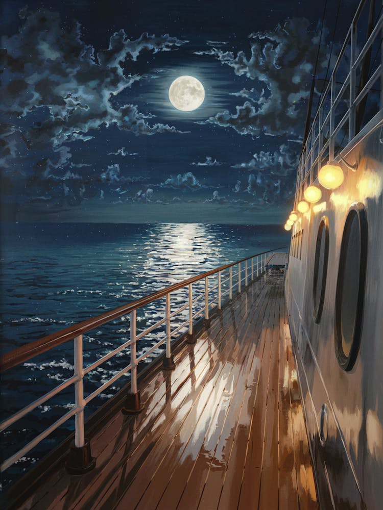 Anime Canvas Art: Moonlit Ship Deck with Calm Ocean Reflections, Perfect for Lofi Aesthetic and Serene Night Scene Lovers.