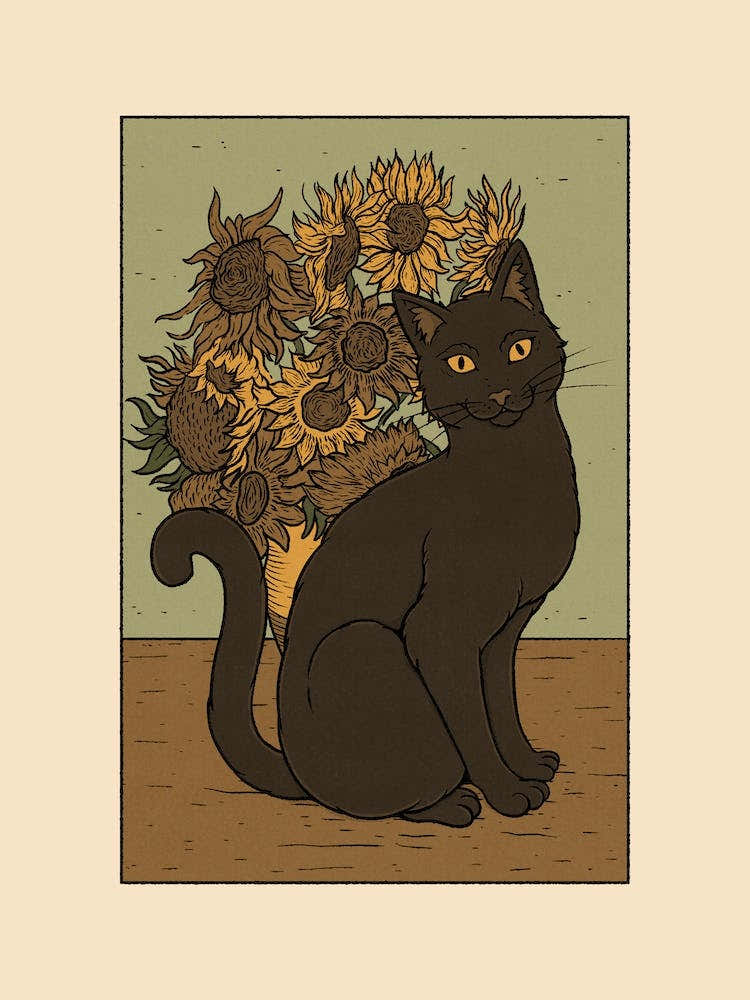 Black Cat And Sunflowers