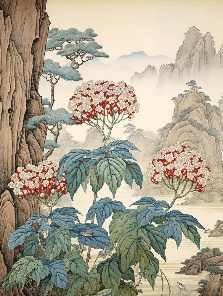 Ajisai Hydrangea 2 Japanese Botanical Illustration