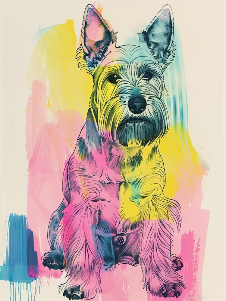 Scottish Terrier Dog Pastel Line Watercolour Illustration  2