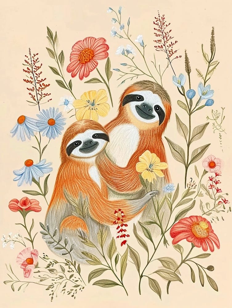 Folksy Floral Animal Drawing Sloth 2