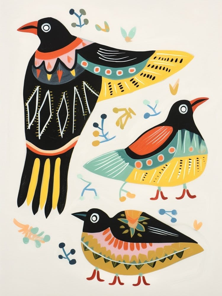Folk Style Bird Painting Crow 1