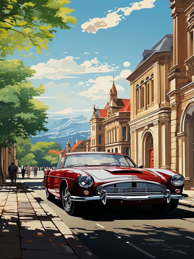 Vintage Car Wall Art – Retro Red Classic Car Poster, European Cityscape Illustration, Retro Auto Print for Office or Man Cave Decor