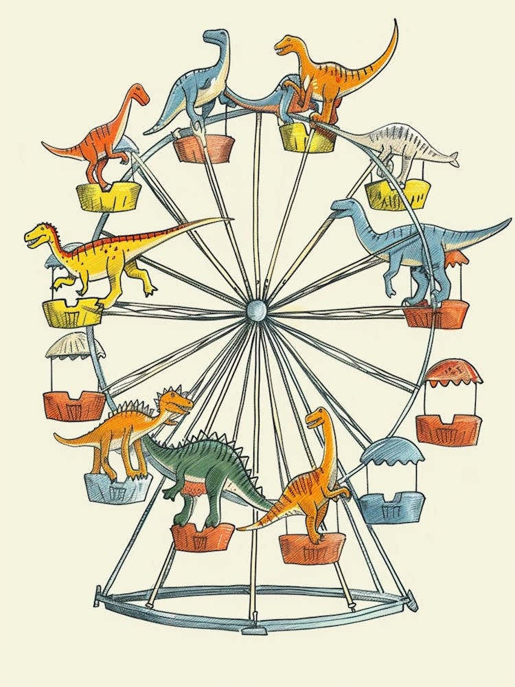 Cute Dinosaur In A Ferris Wheel Illustration