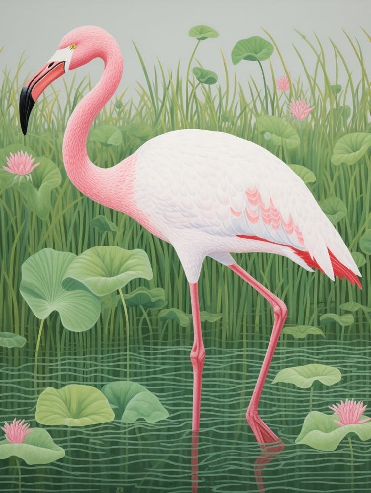 Ohara Koson Inspired Bird Painting Greater Flamingo 3