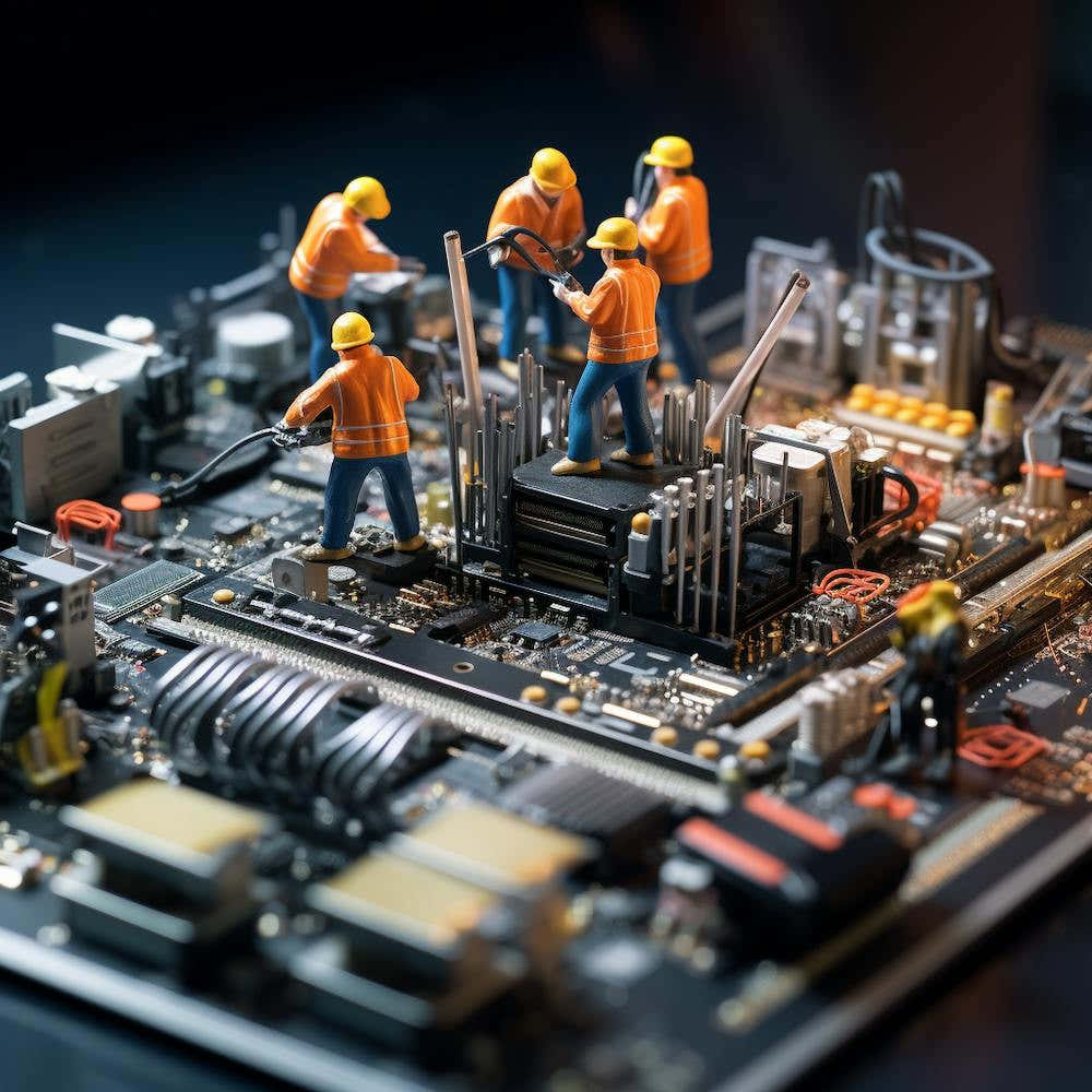 Miniature Workers On A Computer Motherboard