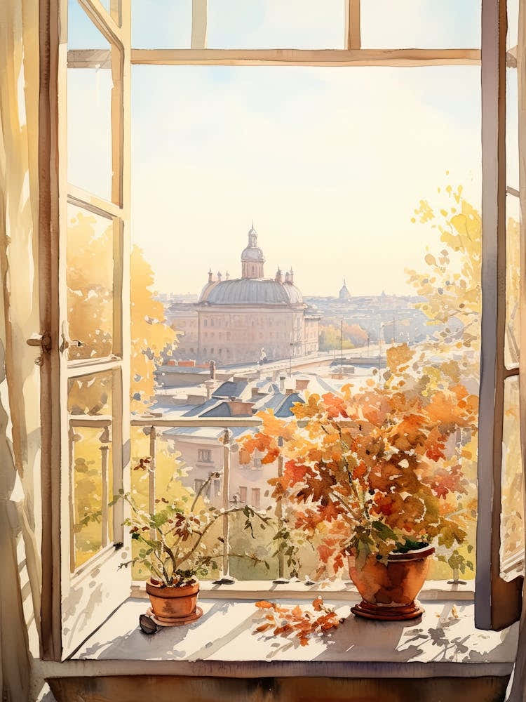 Window View Of Belgrade Serbia In Autumn Fall, Watercolour 4