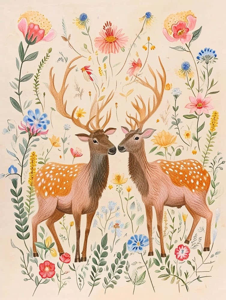 Folksy Floral Animal Drawing Elk 2