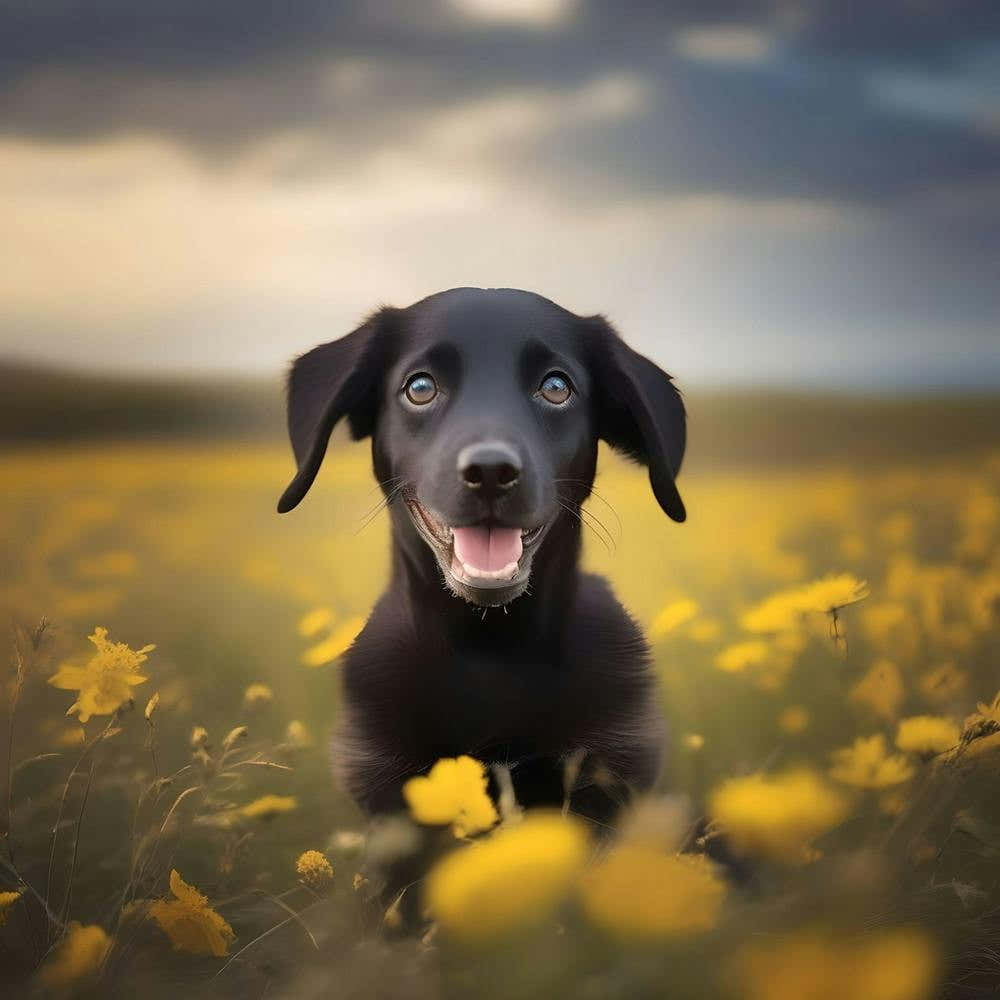 Black Dog In A Field Of Yellow Flowers
