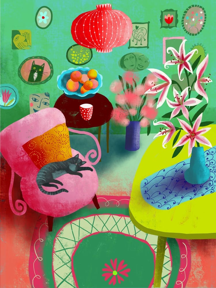 Cozy Red Room With Cat And Lillies