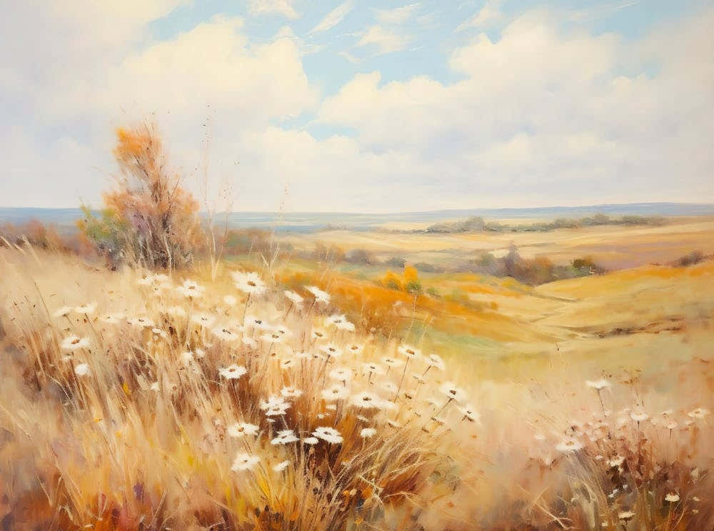 Wildflower Field Landscape Oil Painting Vintage Neutral Landscape Muted Country Field Wall Art Digital Download Printable Art