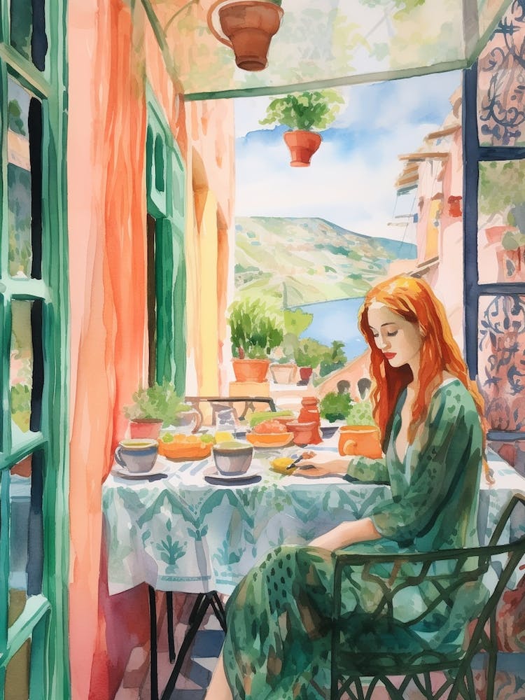 At A Cafe In Chefchaouen Morocco Watercolour