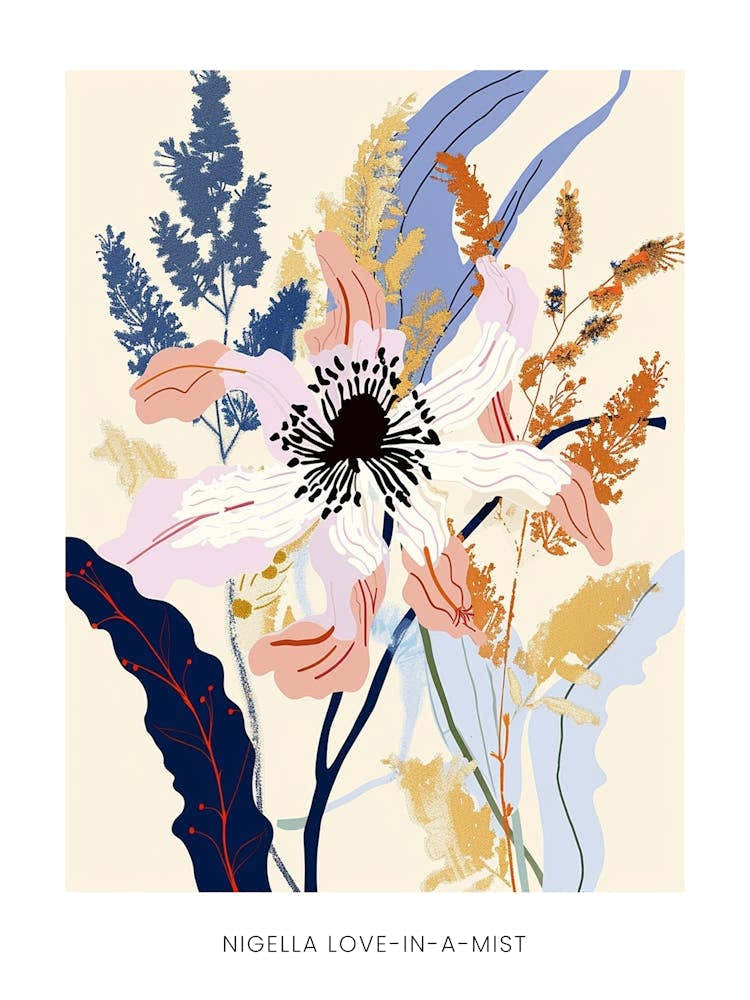 Colourful Flower Illustration Poster Nigella Love In A Mist 1