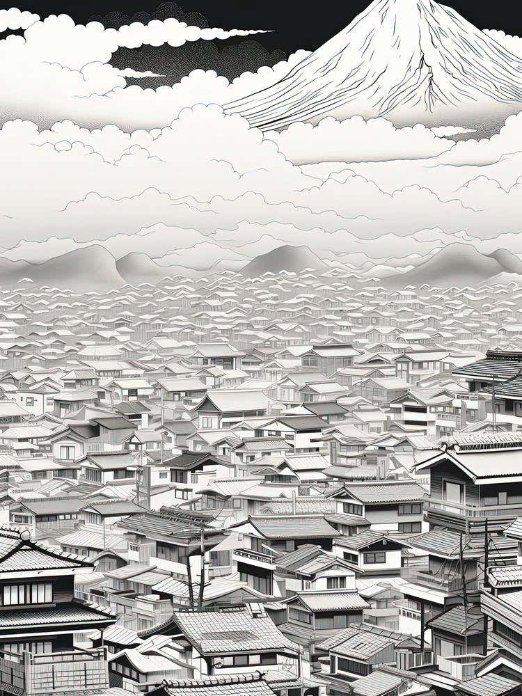 Tokyo In Japan, Ukiyo E Black And White Line Art Drawing 3