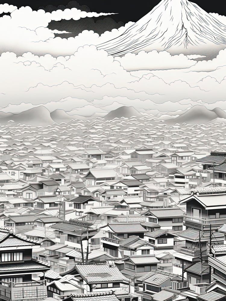 Tokyo In Japan, Ukiyo E Black And White Line Art Drawing 3