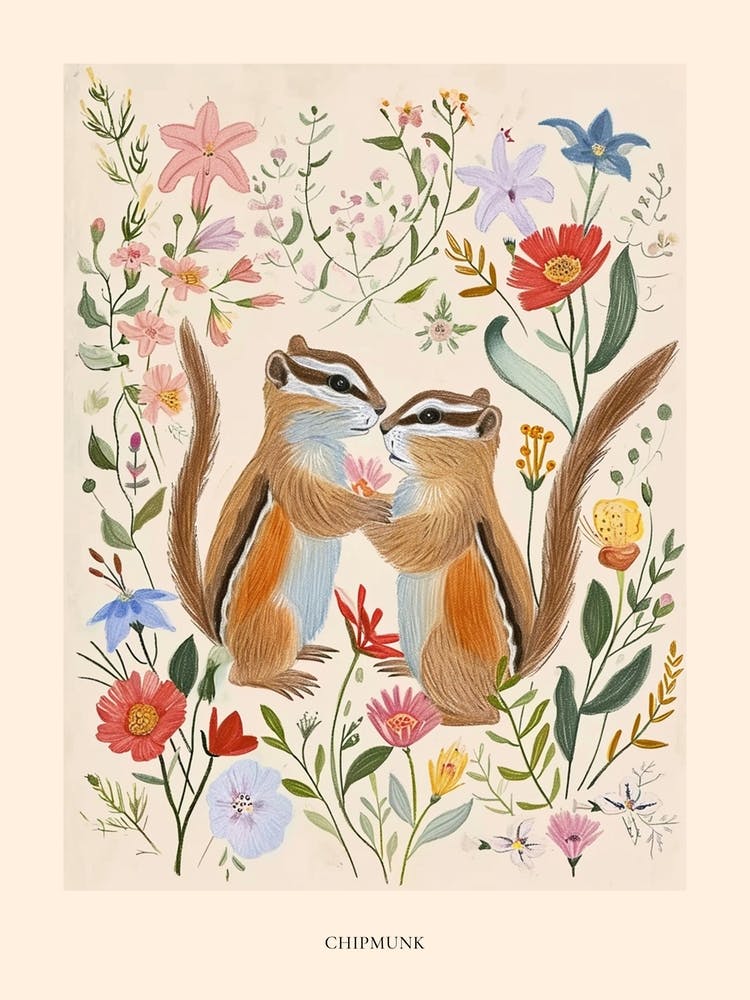 Folksy Floral Animal Drawing Chipmunk 3 Poster