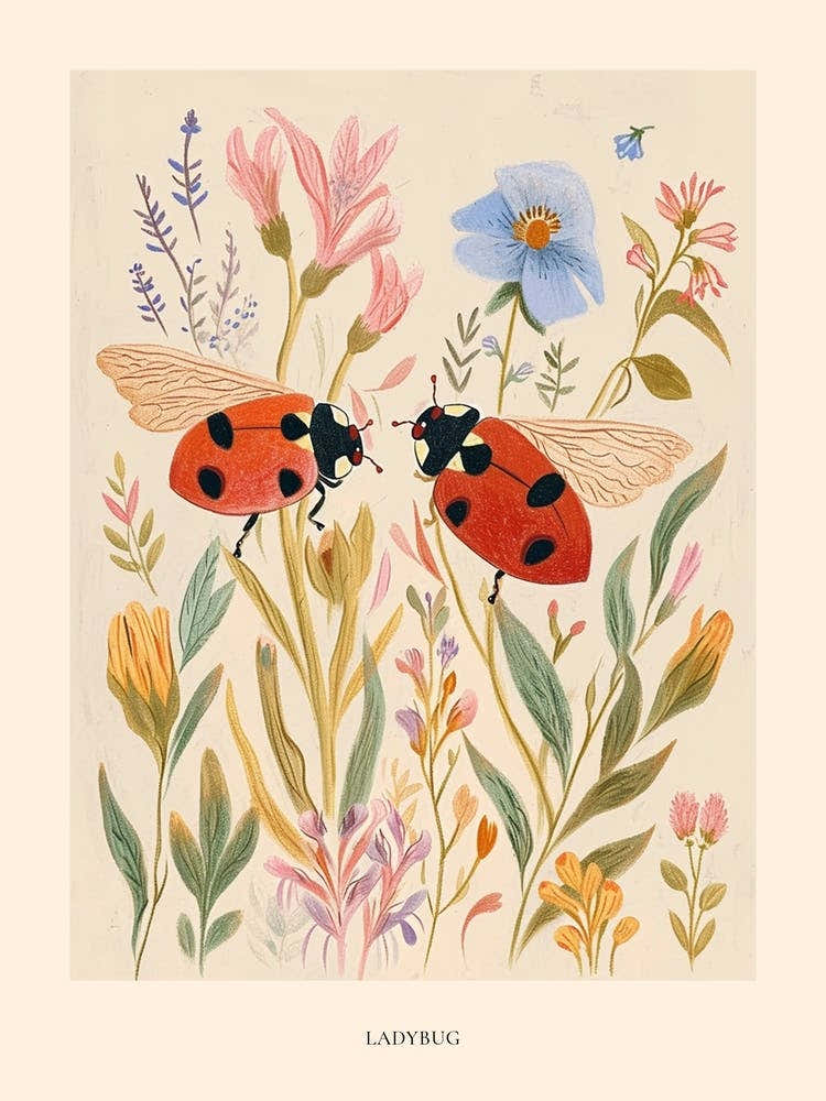 Folksy Floral Animal Drawing Ladybug Poster