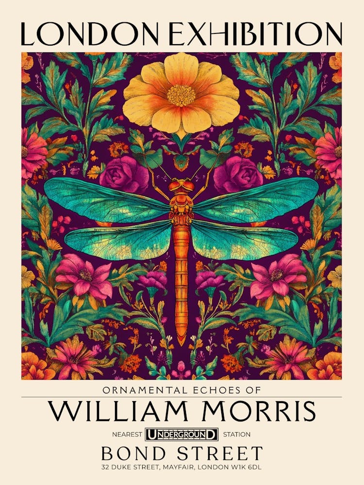 William Morris Dragonfly and floral artwork vibrant colors, insect and flower pattern Botanical vintage print, maximalist wall art living room boho decor, Floral tapestry Victorian style vintage decor 4