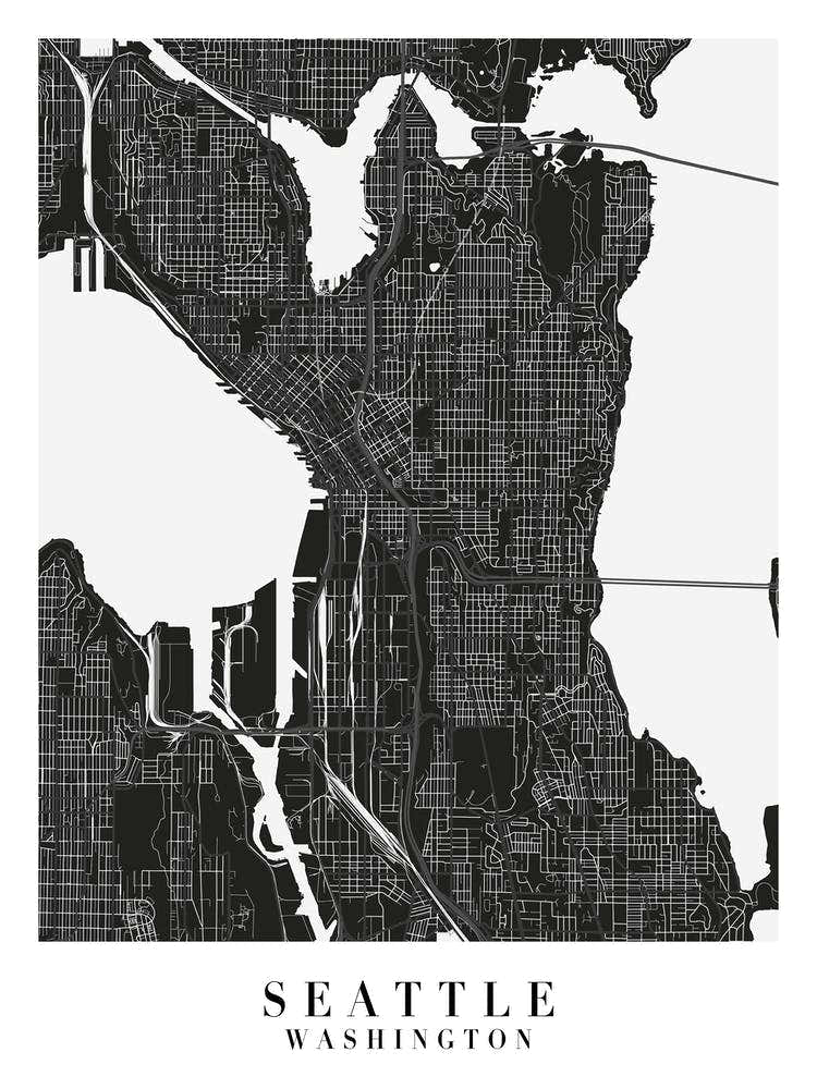 Seattle Washington Minimal Black Mono Street Map