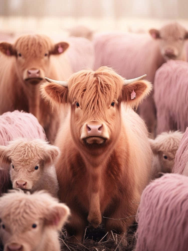 Highland Cow With Calves Pink Photography
