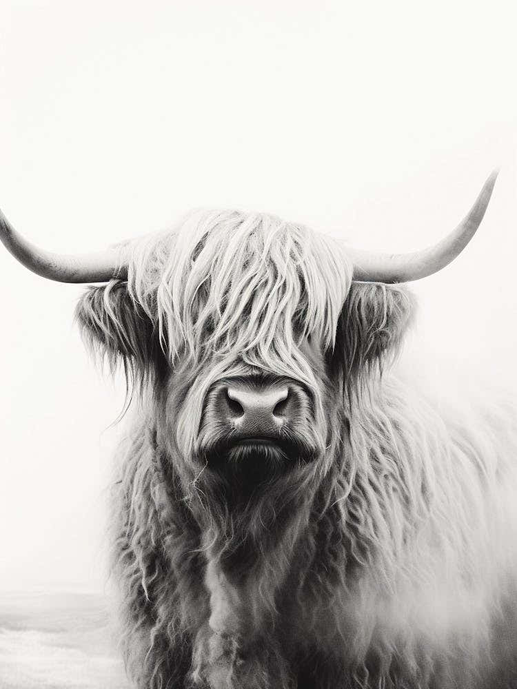 Black & White Stippling Illustration Of Highland Cow 2