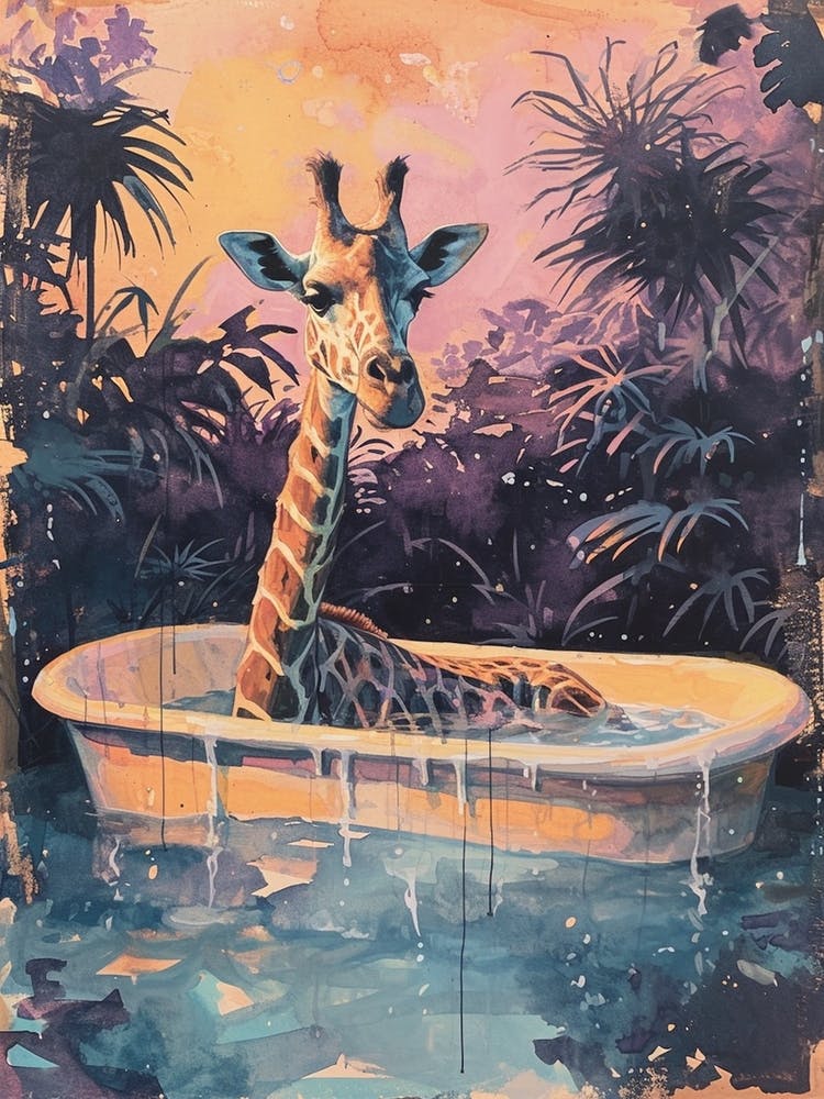 Pastel Illustration Of A Giraffe In The Bath 3