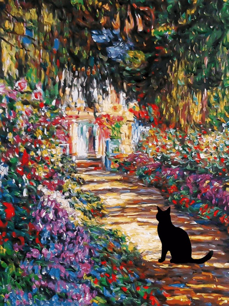 Black Cat Claude Monet Fine of Garden Path at Giverny, 1902 - Belvedere Museum Vienna Austria in HD for Feature Wall Decor - Fully Restored High Definition with Added Funny Famous Cat