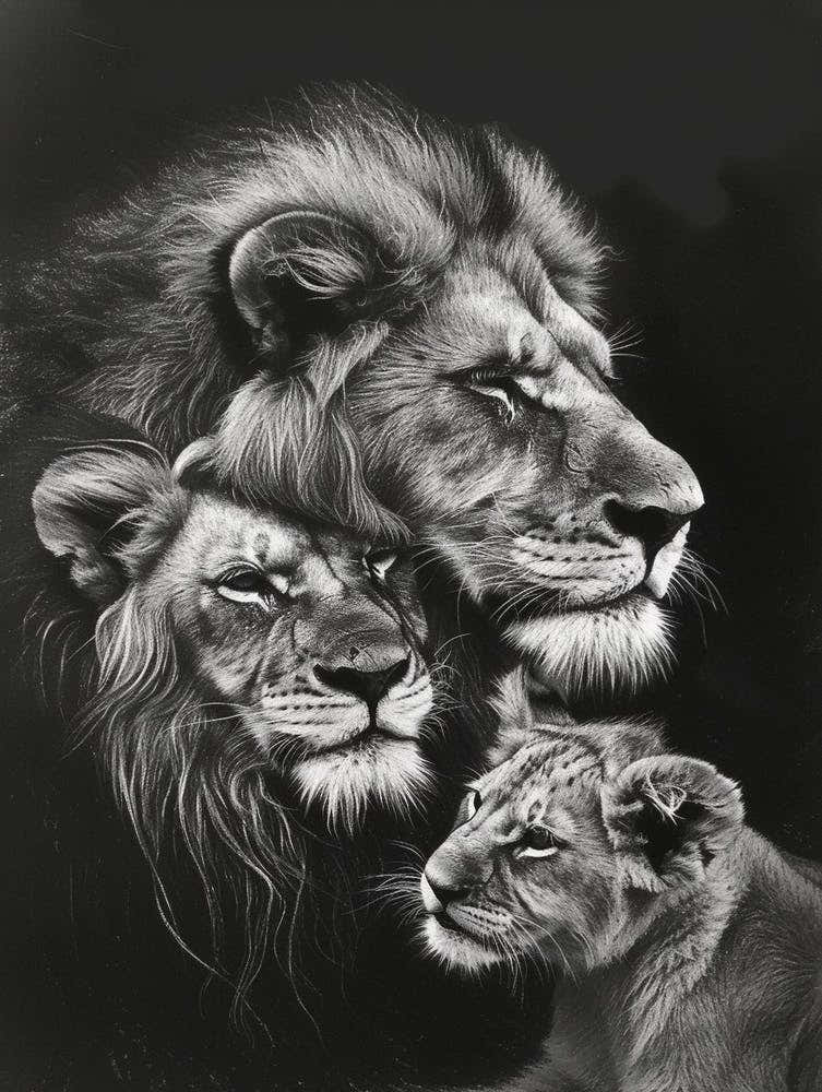 Barbary Lion Charcoal Drawing Family Bonding 1