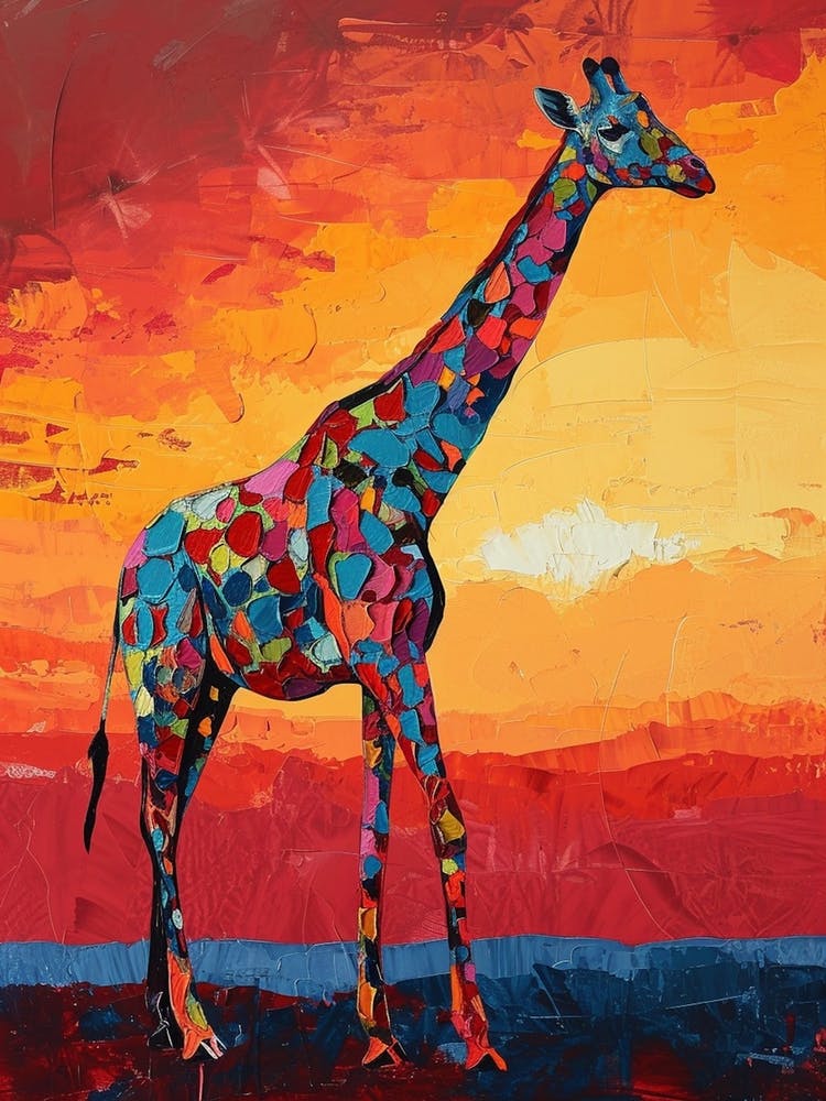 Giraffe In The Red Sunset Brushstroke Style 2