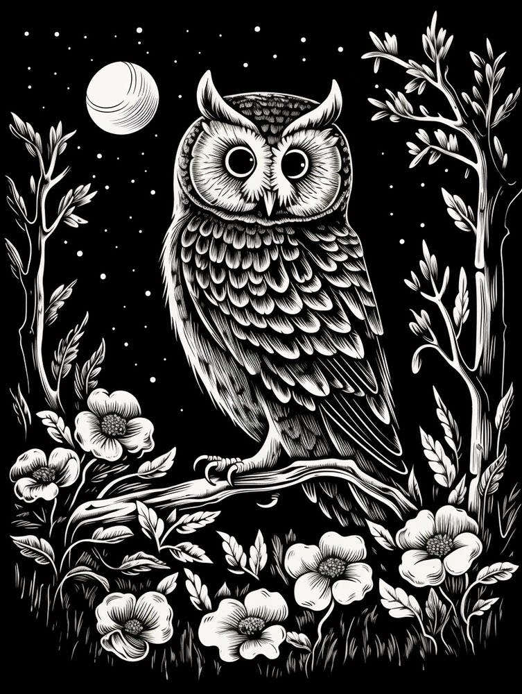 B&W Bird Linocut Eastern Screech Owl