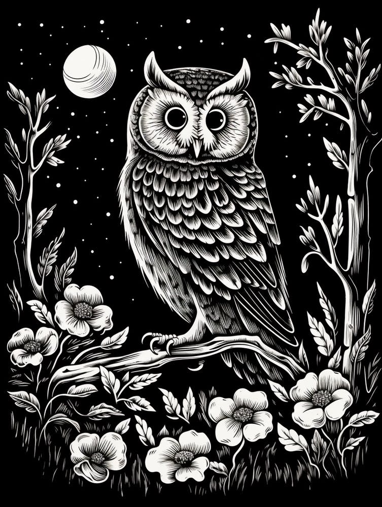 B&W Bird Linocut Eastern Screech Owl