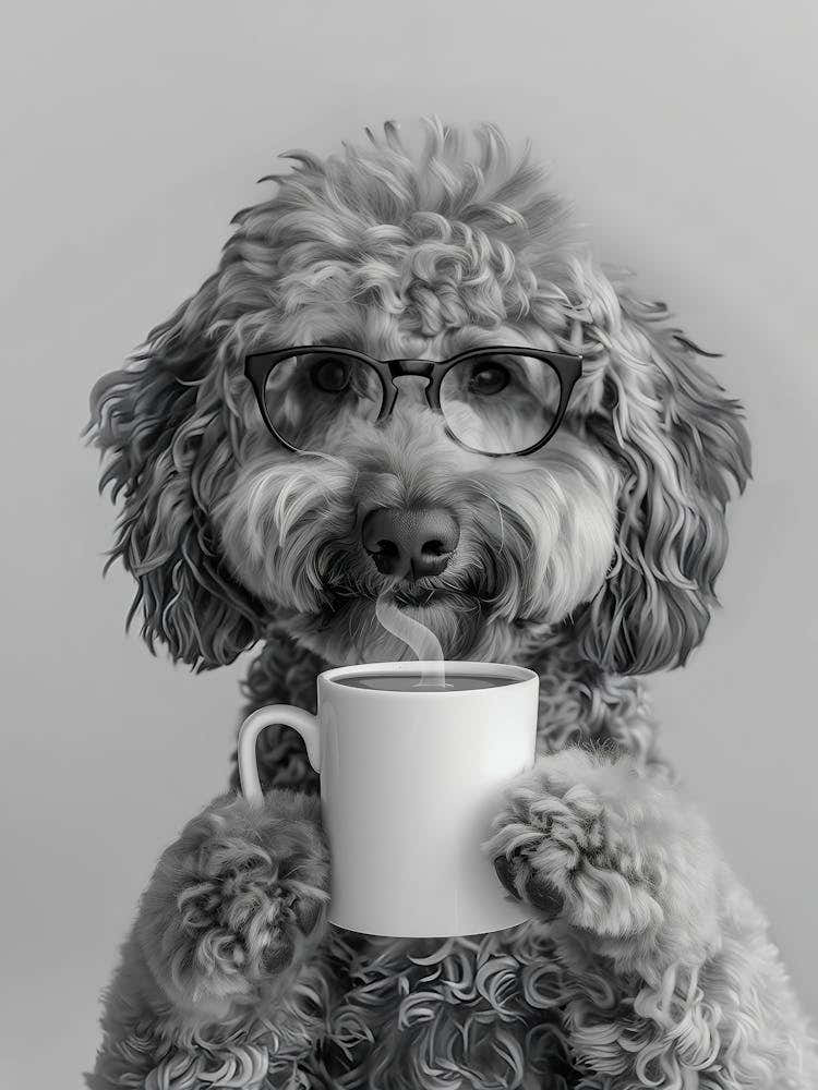 Goldendoodle And Coffee Wall Art, Black And White Print, Coffee Lover Print, Dog Gift, Funny Dog Poster, Coffee Bar Art, Kitchen Wall Decor
