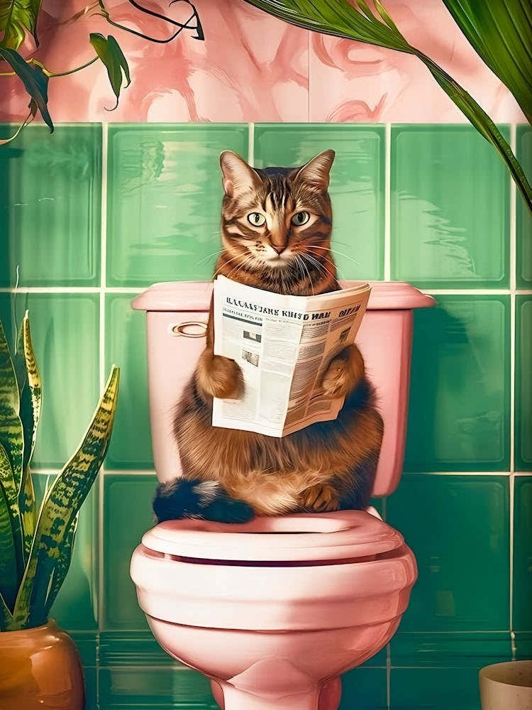 Bathroom Tabby Cat, Kitten Poster, Cute Cat On Toilet Print, Funny Cat Poster, Aesthetic Cat Lovers Wall Art, Gifts For Cat People