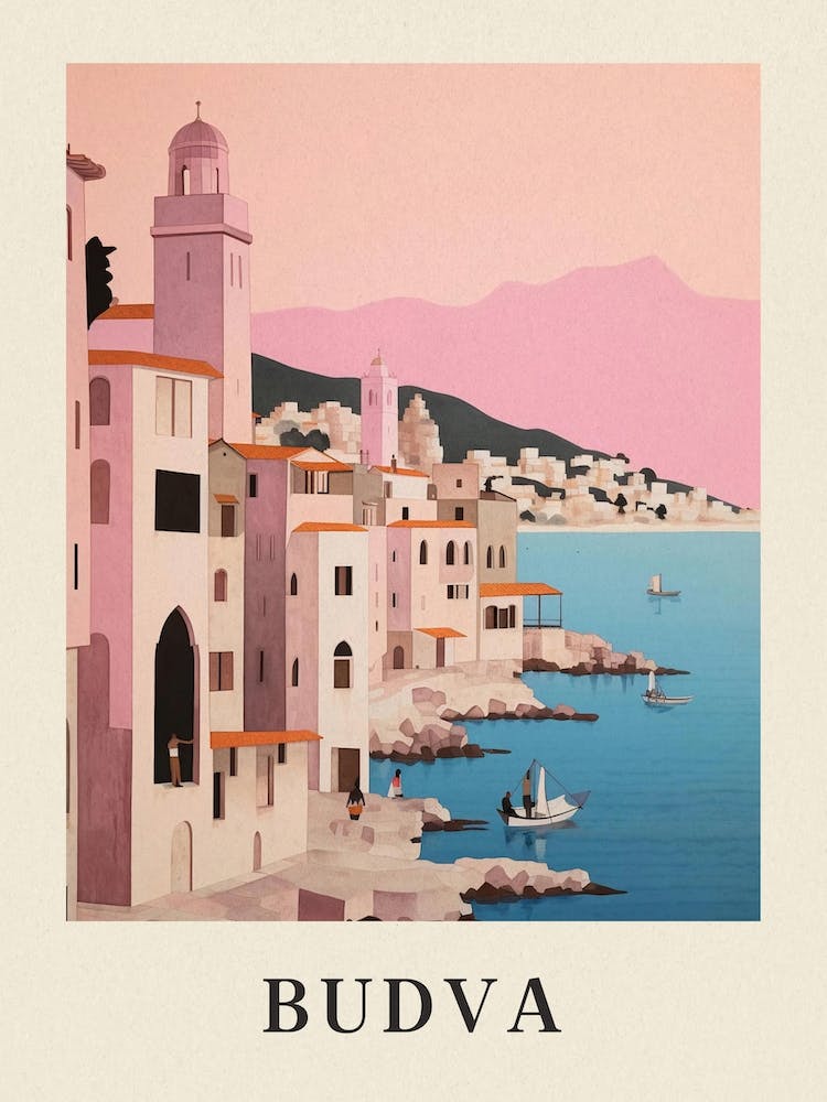 Budva Montenegro 1 Vintage Pink Travel Illustration Poster